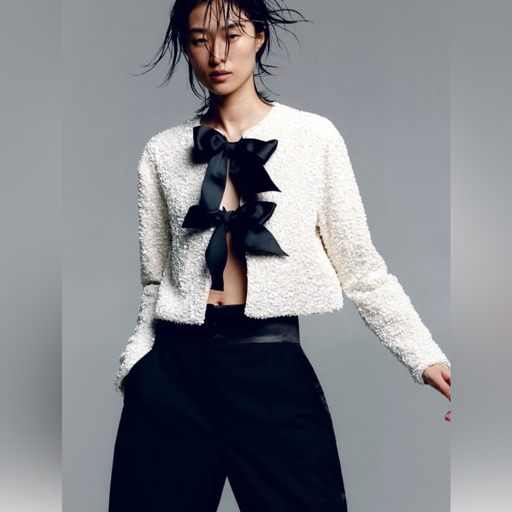 H&M tie front sequined sequin bow jacket white S M L NWT